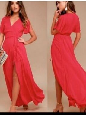 YOUNG FABULOUS & BROKE Red Wrap Maxi Dress Small Front Slit Vacation Resort